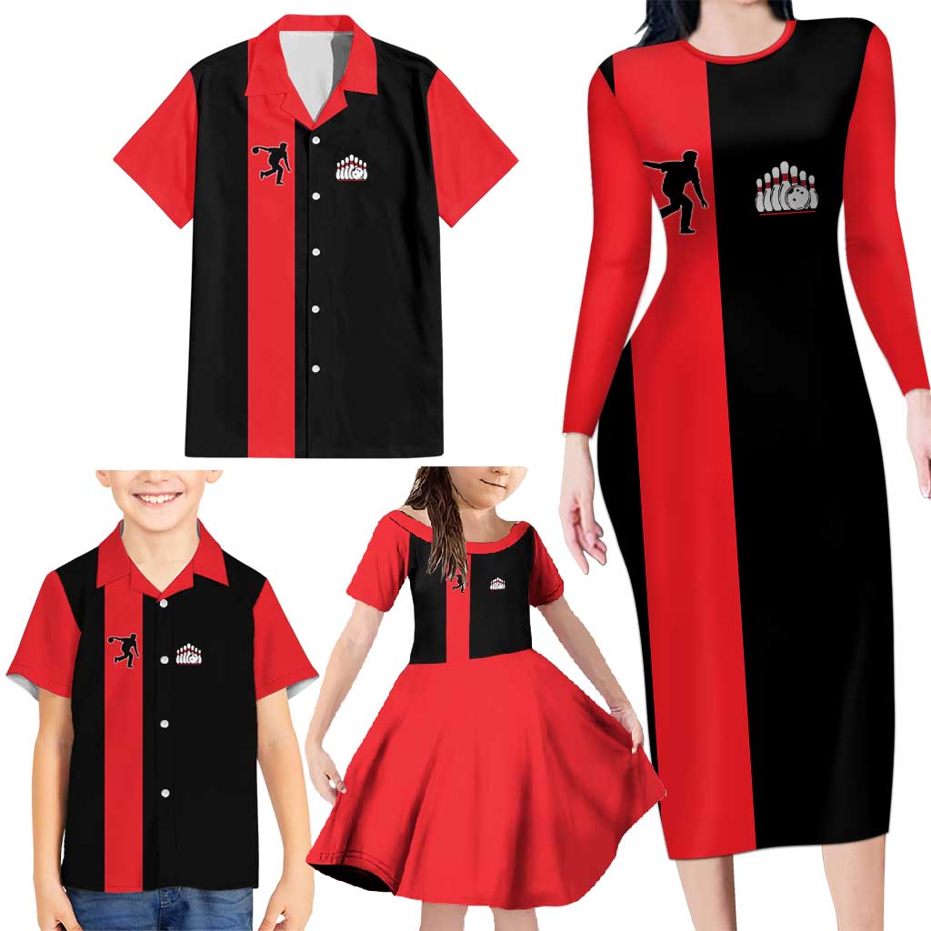 Custom Red and Black Bowling Family Matching Long Sleeve Bodycon Dress and Hawaiian Shirt with Strike Explosion Graphic Custom Name and Bowler Silhouette - Wonder Print Shop
