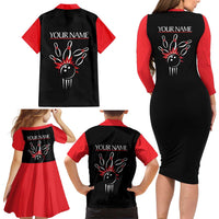 Custom Red and Black Bowling Family Matching Long Sleeve Bodycon Dress and Hawaiian Shirt with Strike Explosion Graphic Custom Name and Bowler Silhouette - Wonder Print Shop