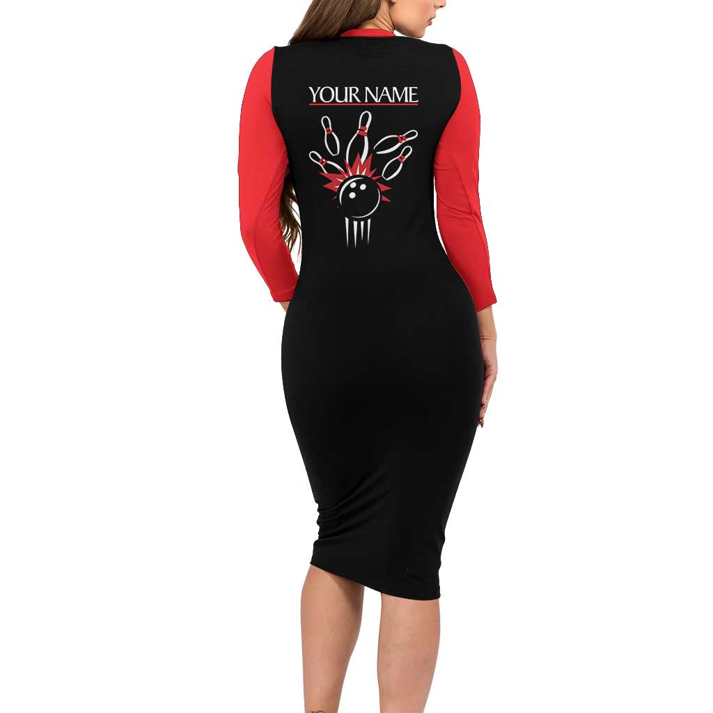 Custom Red and Black Bowling Family Matching Long Sleeve Bodycon Dress and Hawaiian Shirt with Strike Explosion Graphic Custom Name and Bowler Silhouette - Wonder Print Shop