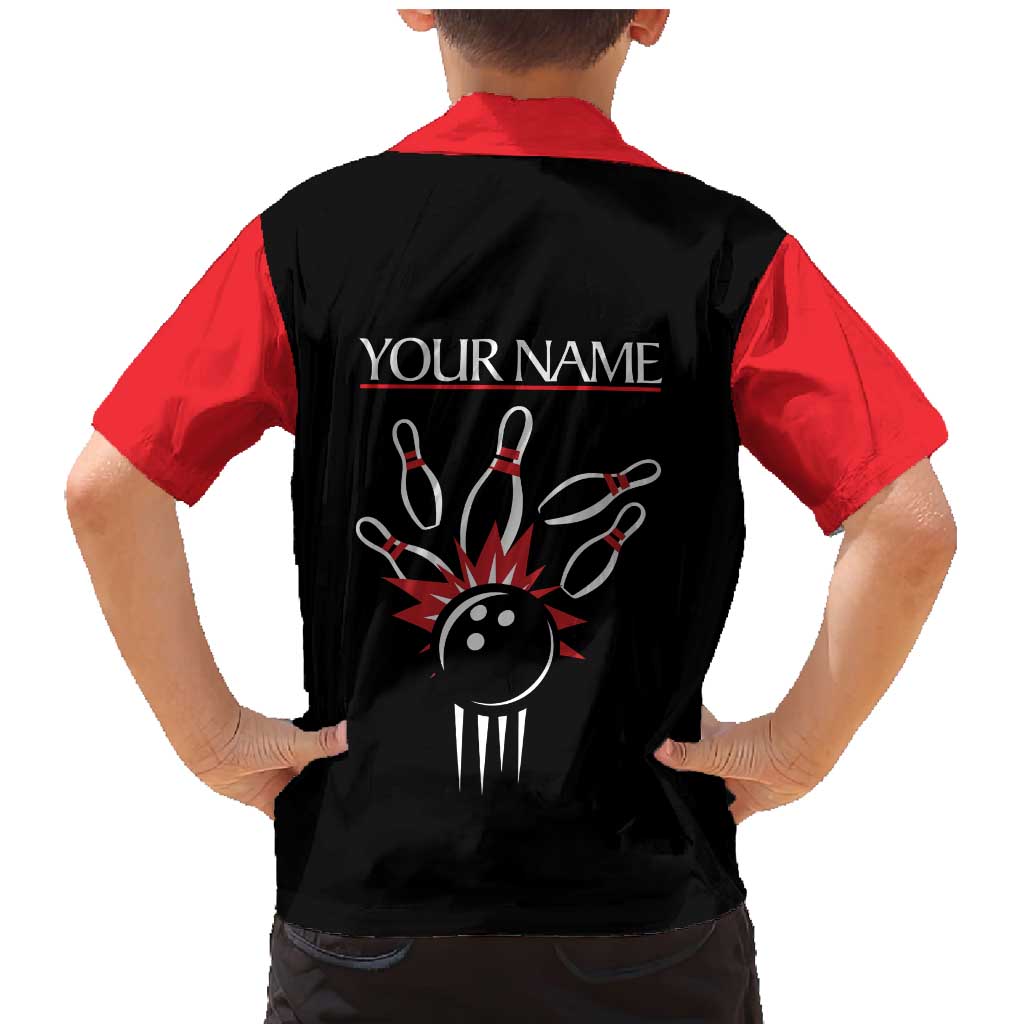 Custom Red and Black Bowling Family Matching Mermaid Dress and Hawaiian Shirt with Strike Explosion Graphic Custom Name and Bowler Silhouette - Wonder Print Shop