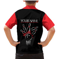 Custom Red and Black Bowling Family Matching Mermaid Dress and Hawaiian Shirt with Strike Explosion Graphic Custom Name and Bowler Silhouette - Wonder Print Shop