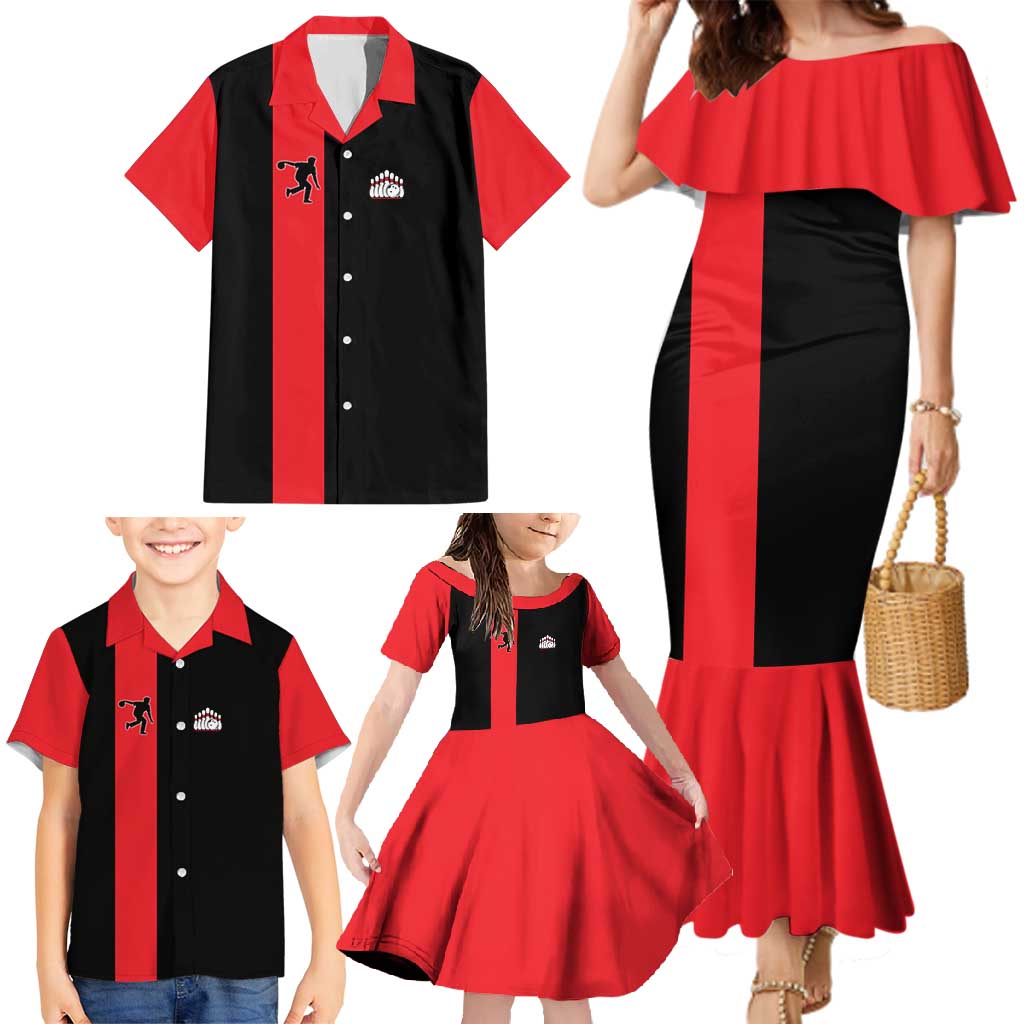 Custom Red and Black Bowling Family Matching Mermaid Dress and Hawaiian Shirt with Strike Explosion Graphic Custom Name and Bowler Silhouette - Wonder Print Shop