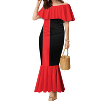 Custom Red and Black Bowling Family Matching Mermaid Dress and Hawaiian Shirt with Strike Explosion Graphic Custom Name and Bowler Silhouette - Wonder Print Shop