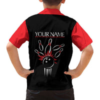 Custom Red and Black Bowling Family Matching Off The Shoulder Long Sleeve Dress and Hawaiian Shirt with Strike Explosion Graphic Custom Name and Bowler Silhouette - Wonder Print Shop