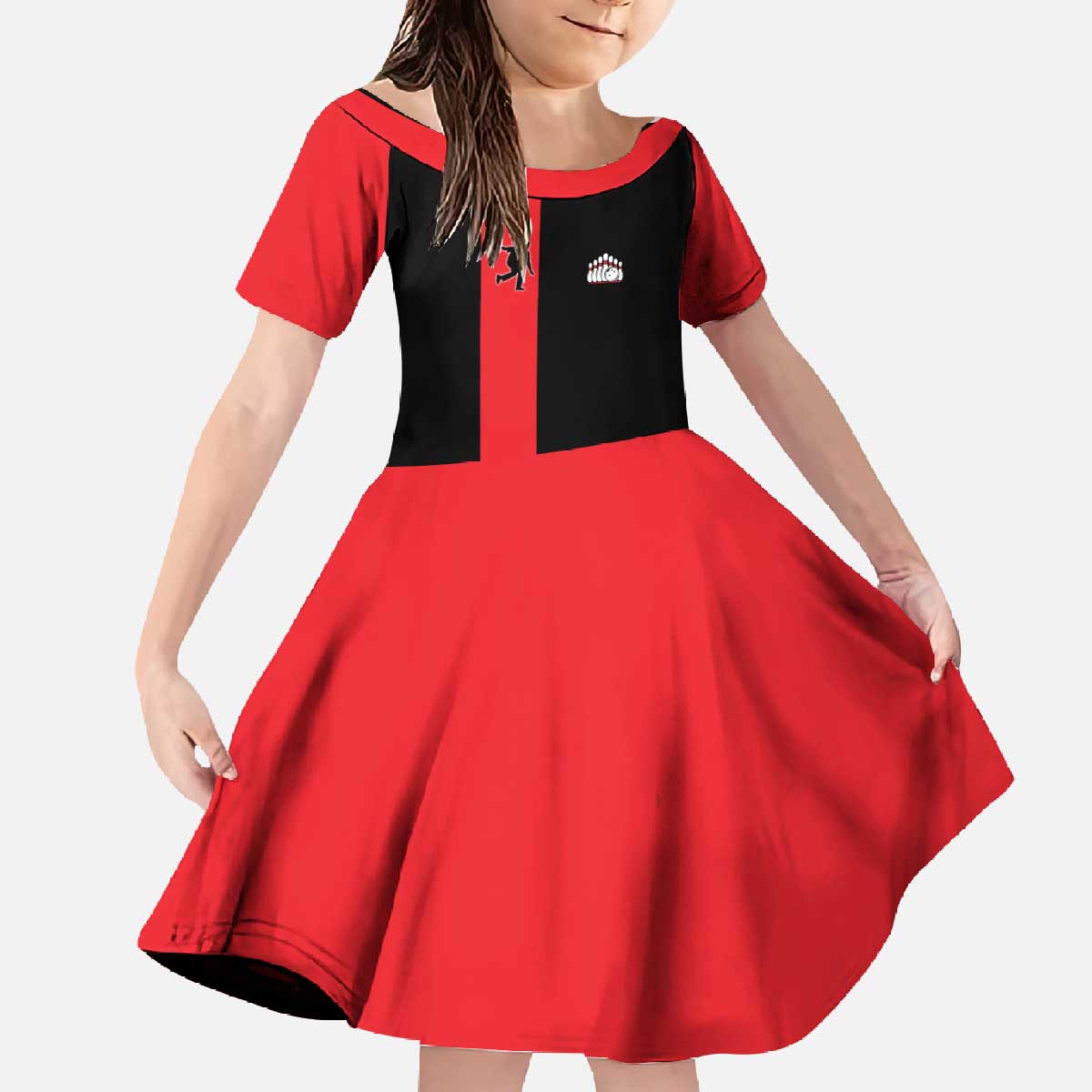 Custom Red and Black Bowling Family Matching Off The Shoulder Long Sleeve Dress and Hawaiian Shirt with Strike Explosion Graphic Custom Name and Bowler Silhouette - Wonder Print Shop