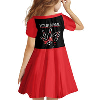 Custom Red and Black Bowling Family Matching Off The Shoulder Long Sleeve Dress and Hawaiian Shirt with Strike Explosion Graphic Custom Name and Bowler Silhouette - Wonder Print Shop