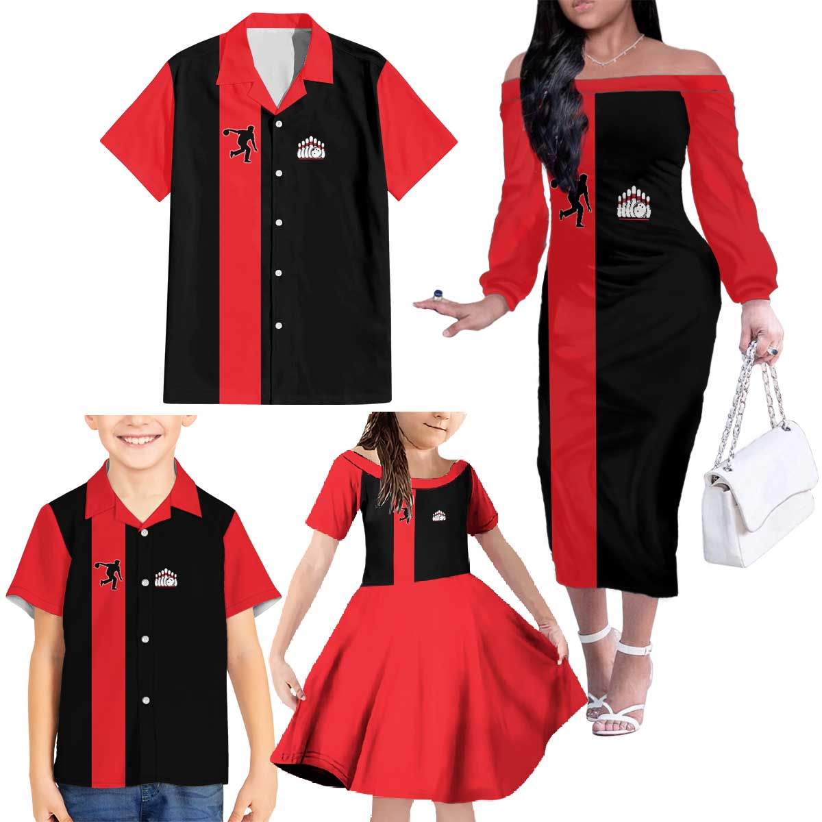 Custom Red and Black Bowling Family Matching Off The Shoulder Long Sleeve Dress and Hawaiian Shirt with Strike Explosion Graphic Custom Name and Bowler Silhouette - Wonder Print Shop