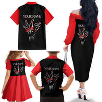 Custom Red and Black Bowling Family Matching Off The Shoulder Long Sleeve Dress and Hawaiian Shirt with Strike Explosion Graphic Custom Name and Bowler Silhouette - Wonder Print Shop