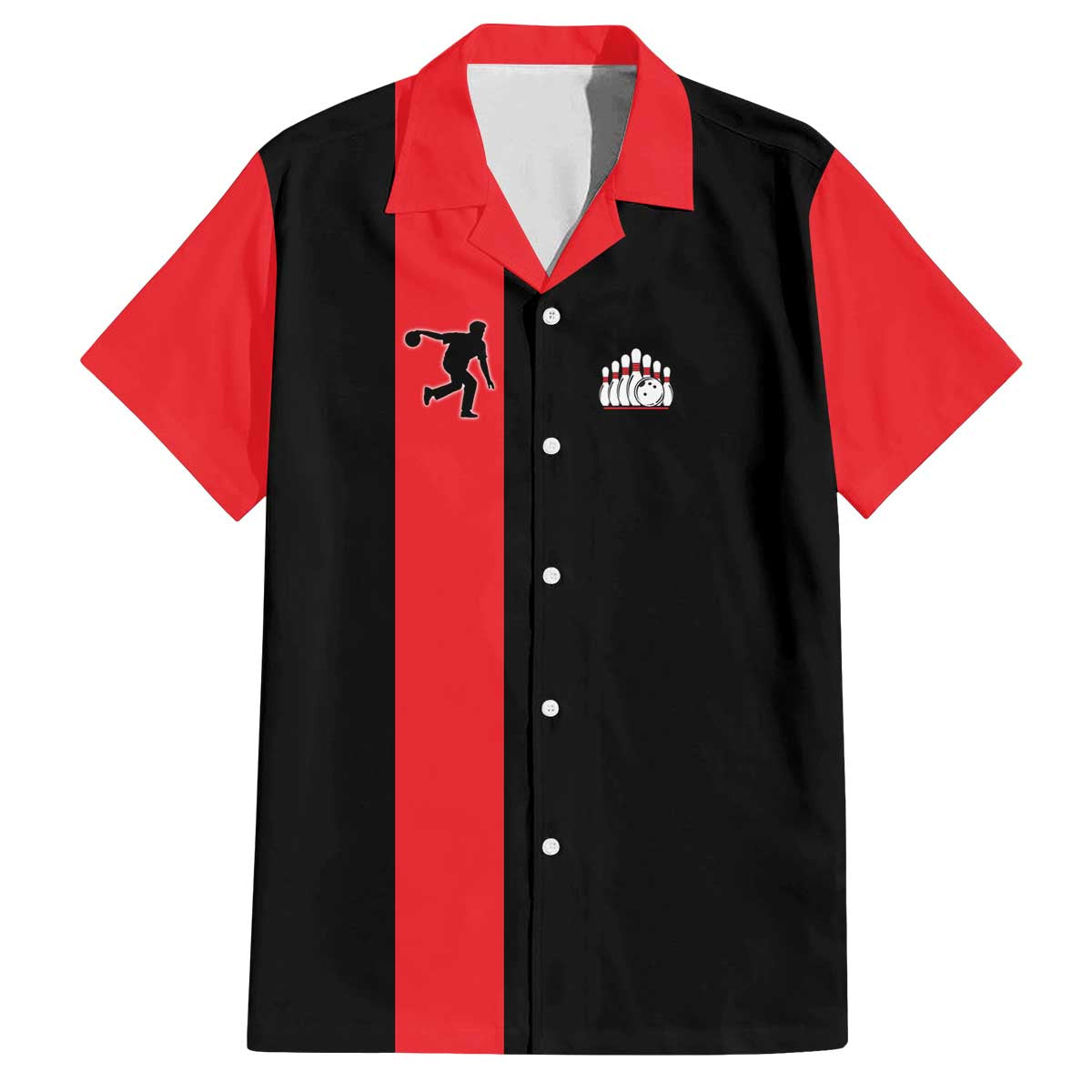 Custom Red and Black Bowling Family Matching Off The Shoulder Long Sleeve Dress and Hawaiian Shirt with Strike Explosion Graphic Custom Name and Bowler Silhouette - Wonder Print Shop