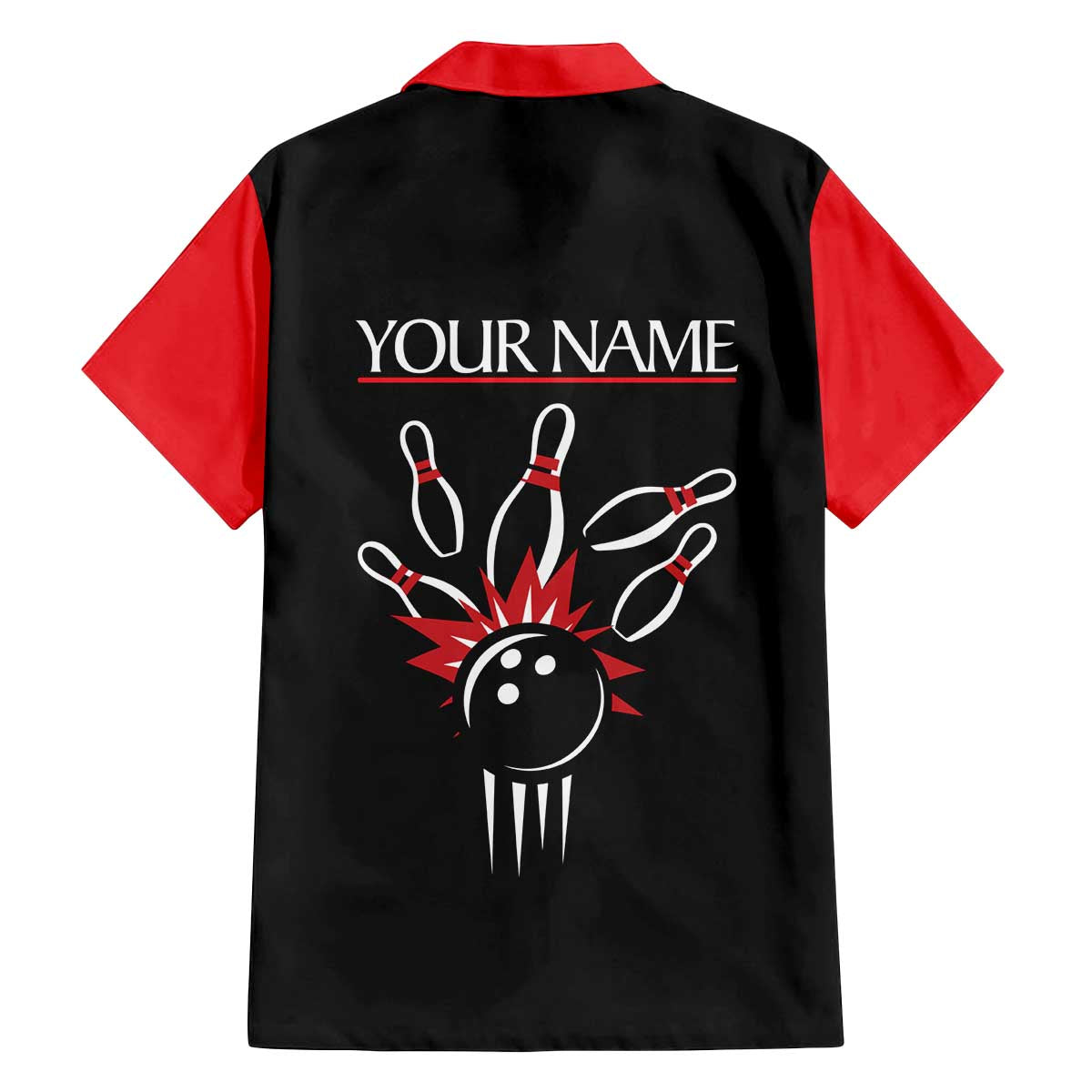 Custom Red and Black Bowling Family Matching Off The Shoulder Long Sleeve Dress and Hawaiian Shirt with Strike Explosion Graphic Custom Name and Bowler Silhouette - Wonder Print Shop