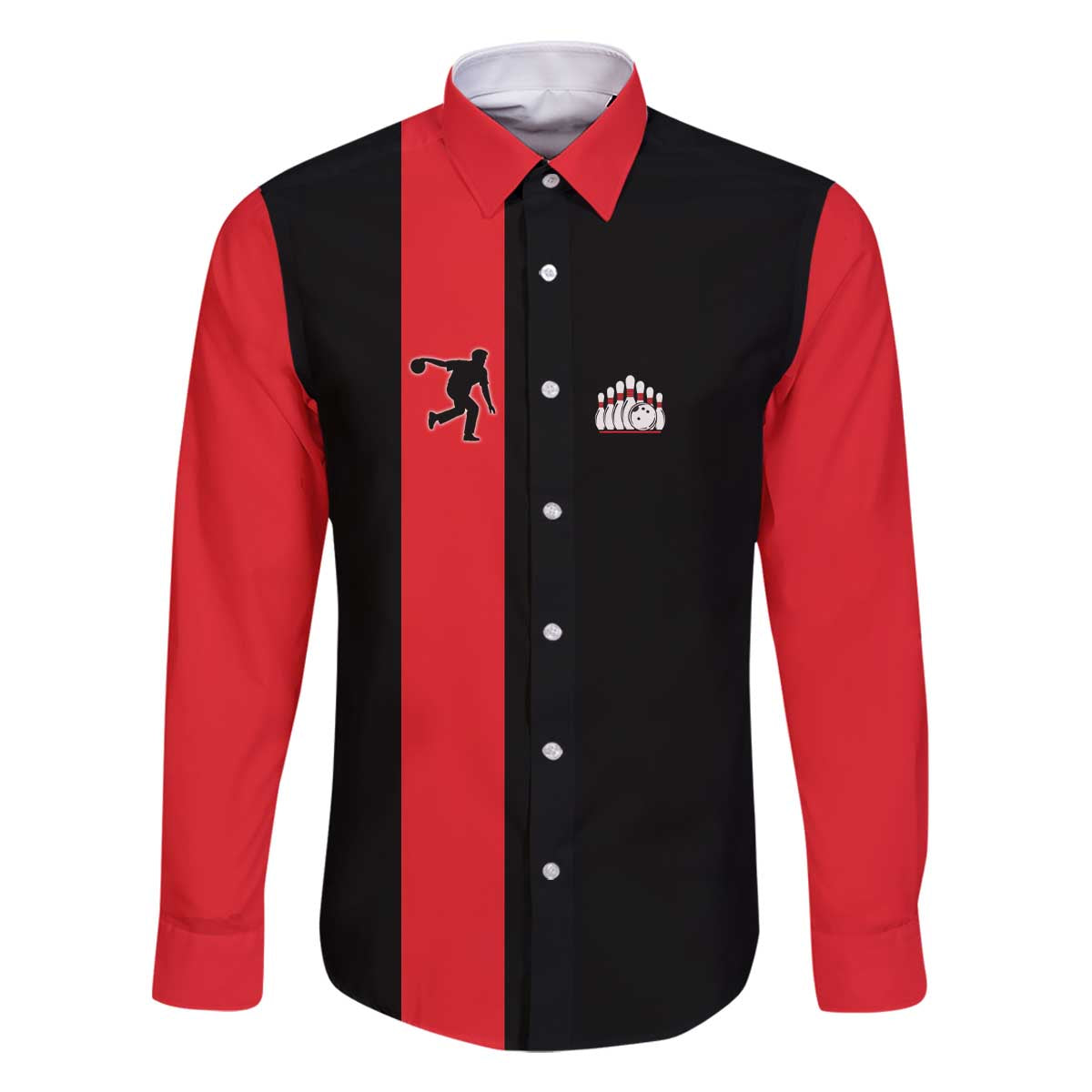 Custom Red and Black Bowling Family Matching Off The Shoulder Long Sleeve Dress and Hawaiian Shirt with Strike Explosion Graphic Custom Name and Bowler Silhouette - Wonder Print Shop