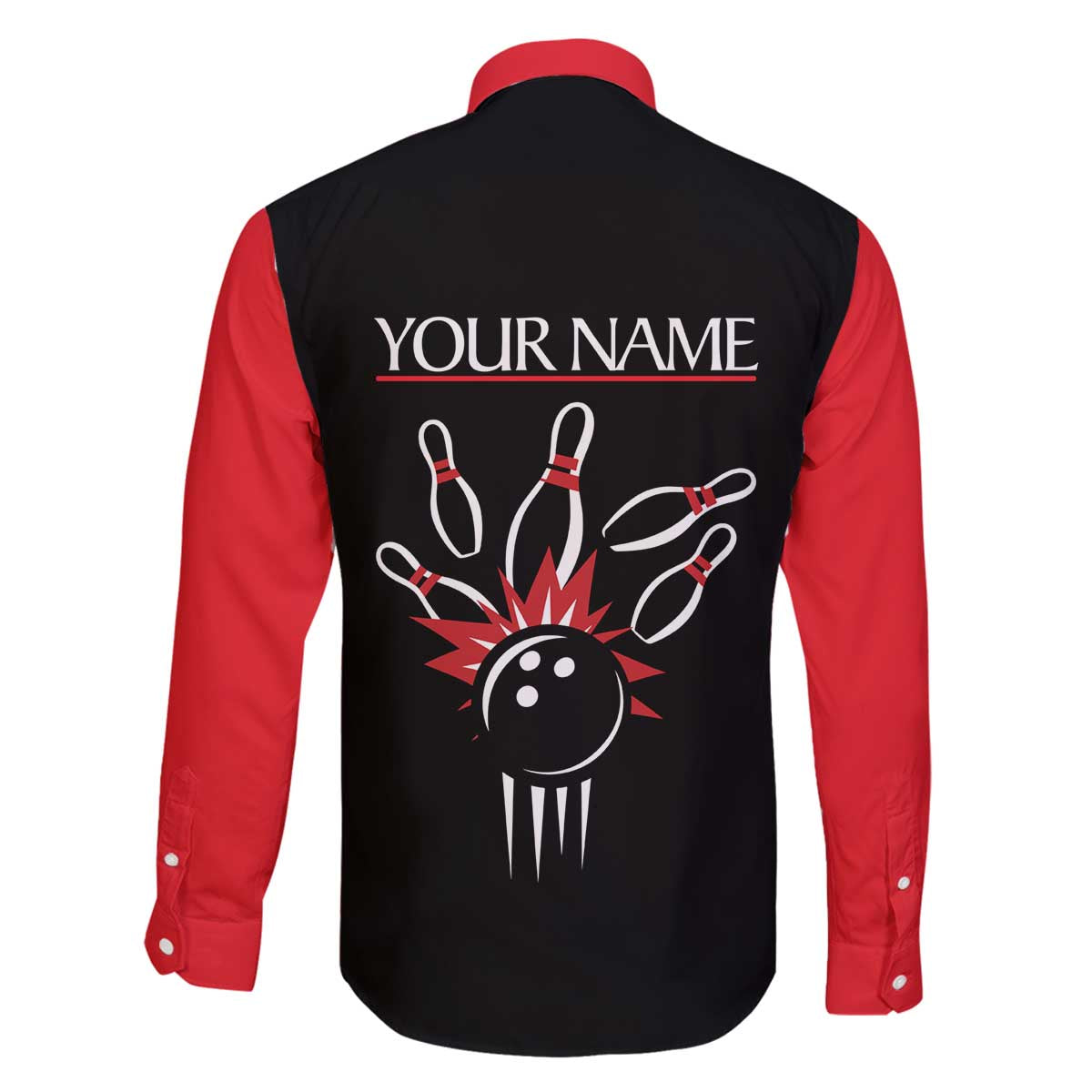Custom Red and Black Bowling Family Matching Off The Shoulder Long Sleeve Dress and Hawaiian Shirt with Strike Explosion Graphic Custom Name and Bowler Silhouette - Wonder Print Shop