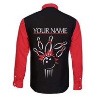 Custom Red and Black Bowling Family Matching Off The Shoulder Long Sleeve Dress and Hawaiian Shirt with Strike Explosion Graphic Custom Name and Bowler Silhouette - Wonder Print Shop