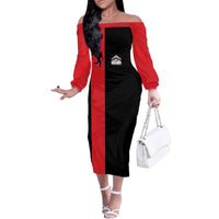 Custom Red and Black Bowling Family Matching Off The Shoulder Long Sleeve Dress and Hawaiian Shirt with Strike Explosion Graphic Custom Name and Bowler Silhouette - Wonder Print Shop