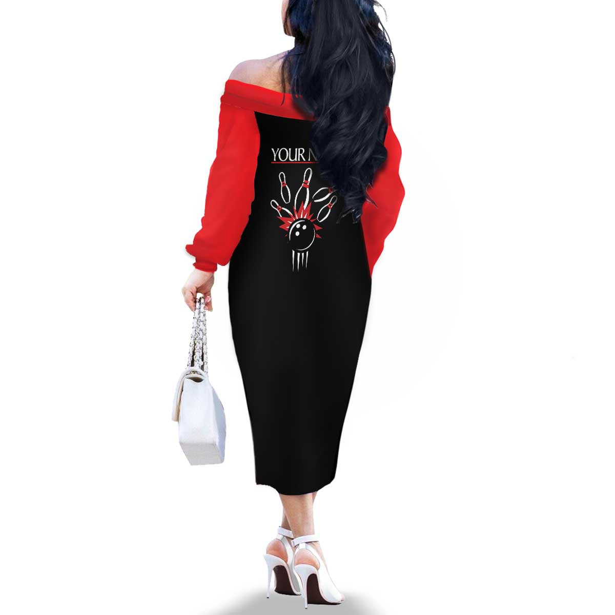 Custom Red and Black Bowling Family Matching Off The Shoulder Long Sleeve Dress and Hawaiian Shirt with Strike Explosion Graphic Custom Name and Bowler Silhouette - Wonder Print Shop