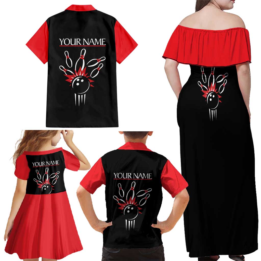 Custom Red and Black Bowling Family Matching Off Shoulder Maxi Dress and Hawaiian Shirt with Strike Explosion Graphic Custom Name and Bowler Silhouette - Wonder Print Shop