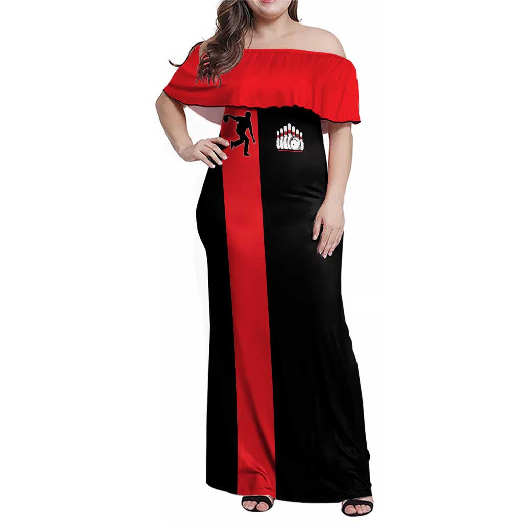 Custom Red and Black Bowling Family Matching Off Shoulder Maxi Dress and Hawaiian Shirt with Strike Explosion Graphic Custom Name and Bowler Silhouette - Wonder Print Shop