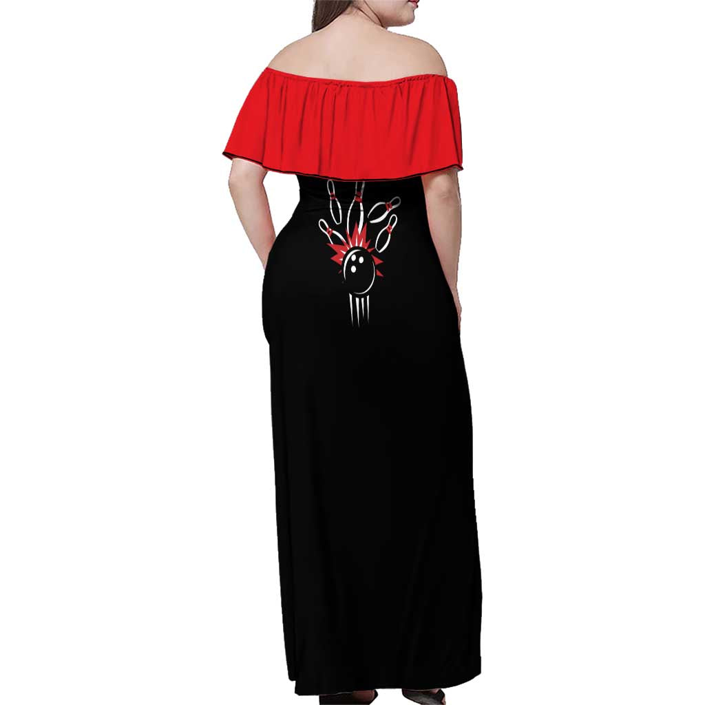 Custom Red and Black Bowling Family Matching Off Shoulder Maxi Dress and Hawaiian Shirt with Strike Explosion Graphic Custom Name and Bowler Silhouette - Wonder Print Shop