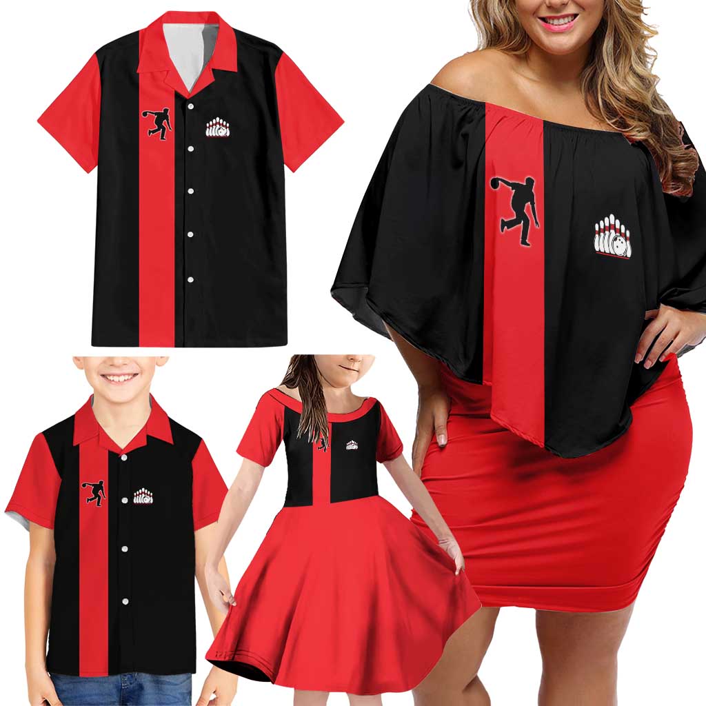 Custom Red and Black Bowling Family Matching Off Shoulder Short Dress and Hawaiian Shirt with Strike Explosion Graphic Custom Name and Bowler Silhouette - Wonder Print Shop