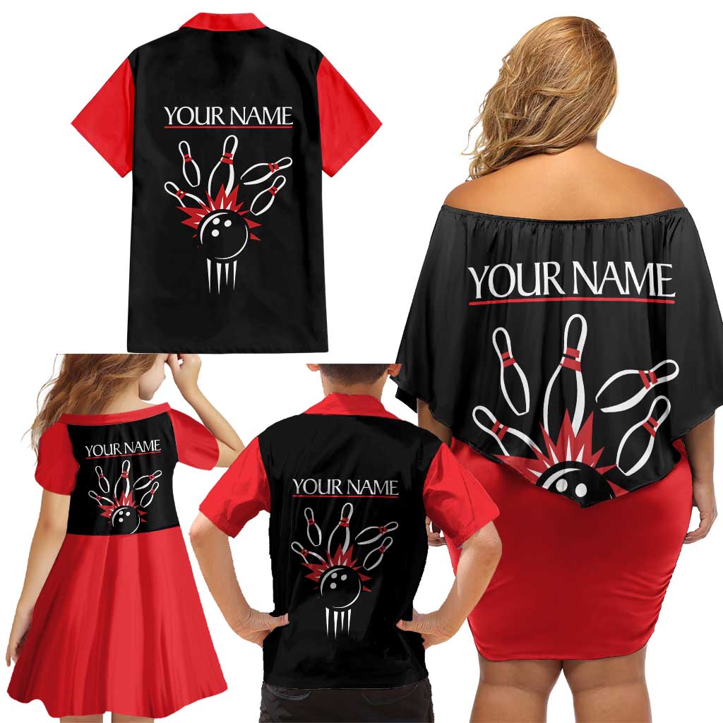 Custom Red and Black Bowling Family Matching Off Shoulder Short Dress and Hawaiian Shirt with Strike Explosion Graphic Custom Name and Bowler Silhouette - Wonder Print Shop