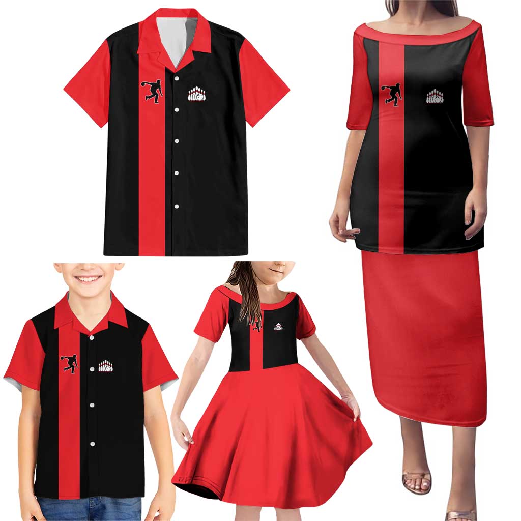 Custom Red and Black Bowling Family Matching Puletasi and Hawaiian Shirt with Strike Explosion Graphic Custom Name and Bowler Silhouette - Wonder Print Shop