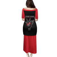 Custom Red and Black Bowling Family Matching Puletasi and Hawaiian Shirt with Strike Explosion Graphic Custom Name and Bowler Silhouette - Wonder Print Shop