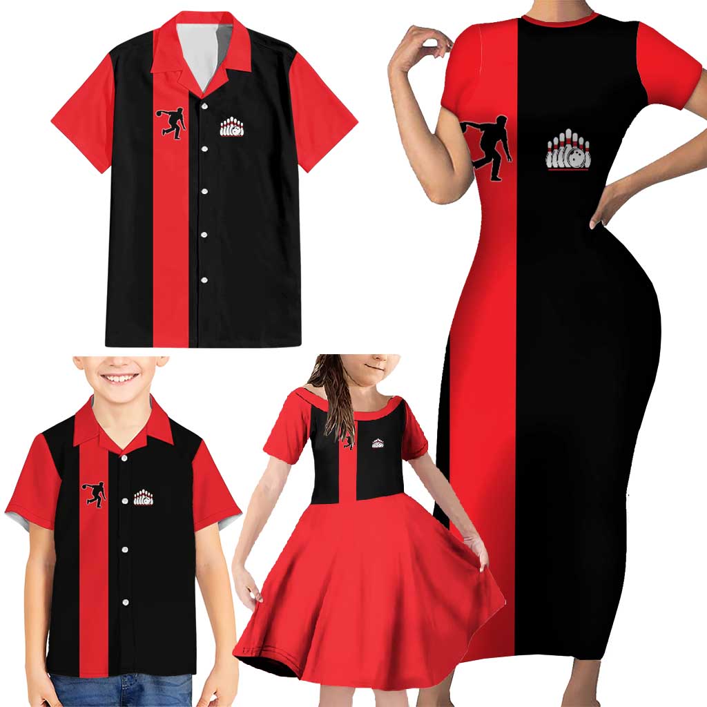 Custom Red and Black Bowling Family Matching Short Sleeve Bodycon Dress and Hawaiian Shirt with Strike Explosion Graphic Custom Name and Bowler Silhouette - Wonder Print Shop