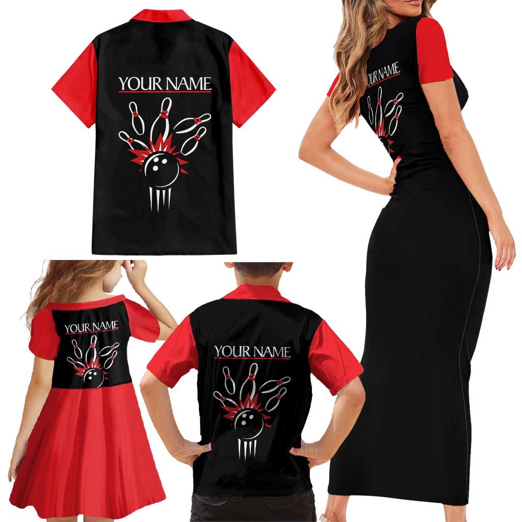 Custom Red and Black Bowling Family Matching Short Sleeve Bodycon Dress and Hawaiian Shirt with Strike Explosion Graphic Custom Name and Bowler Silhouette - Wonder Print Shop