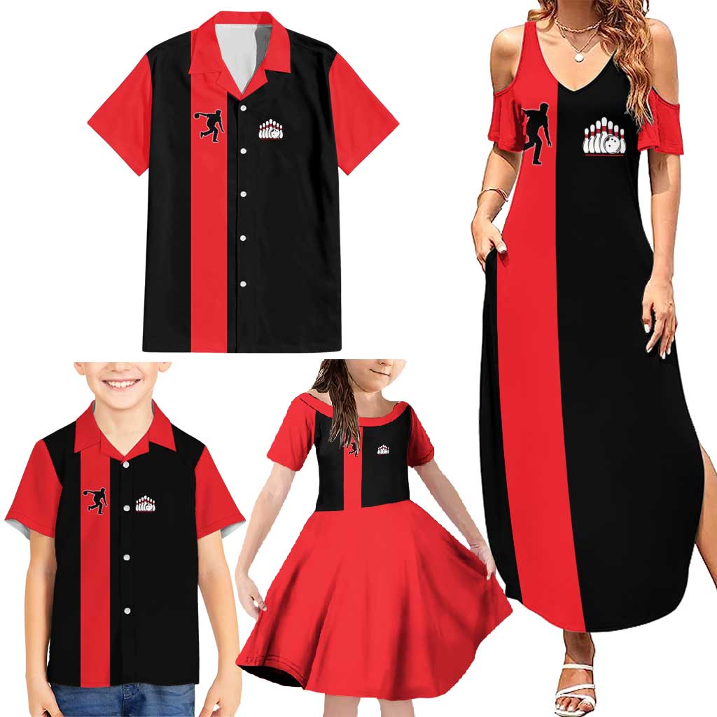 Custom Red and Black Bowling Family Matching Summer Maxi Dress and Hawaiian Shirt with Strike Explosion Graphic Custom Name and Bowler Silhouette - Wonder Print Shop