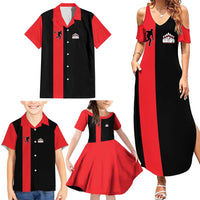 Custom Red and Black Bowling Family Matching Summer Maxi Dress and Hawaiian Shirt with Strike Explosion Graphic Custom Name and Bowler Silhouette - Wonder Print Shop