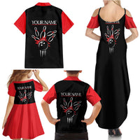 Custom Red and Black Bowling Family Matching Summer Maxi Dress and Hawaiian Shirt with Strike Explosion Graphic Custom Name and Bowler Silhouette - Wonder Print Shop