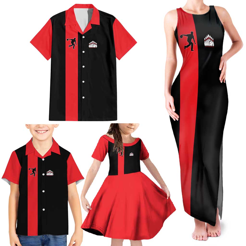 Custom Red and Black Bowling Family Matching Tank Maxi Dress and Hawaiian Shirt with Strike Explosion Graphic Custom Name and Bowler Silhouette - Wonder Print Shop
