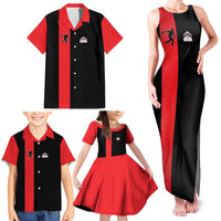 Custom Red and Black Bowling Family Matching Tank Maxi Dress and Hawaiian Shirt with Strike Explosion Graphic Custom Name and Bowler Silhouette - Wonder Print Shop