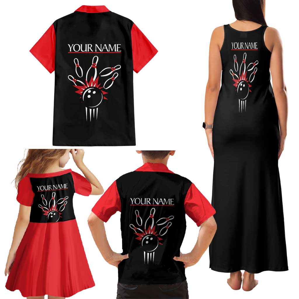 Custom Red and Black Bowling Family Matching Tank Maxi Dress and Hawaiian Shirt with Strike Explosion Graphic Custom Name and Bowler Silhouette - Wonder Print Shop