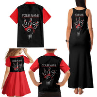 Custom Red and Black Bowling Family Matching Tank Maxi Dress and Hawaiian Shirt with Strike Explosion Graphic Custom Name and Bowler Silhouette - Wonder Print Shop