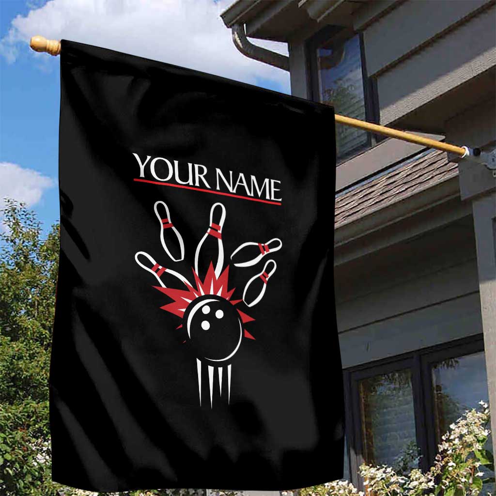 Custom Red and Black Bowling Garden Flag with Strike Explosion Graphic Custom Name and Bowler Silhouette - Wonder Print Shop