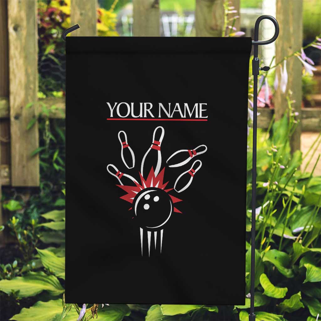 Custom Red and Black Bowling Garden Flag with Strike Explosion Graphic Custom Name and Bowler Silhouette - Wonder Print Shop