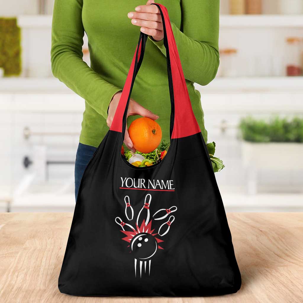Custom Red and Black Bowling Grocery Bag with Strike Explosion Graphic Custom Name and Bowler Silhouette - Wonder Print Shop