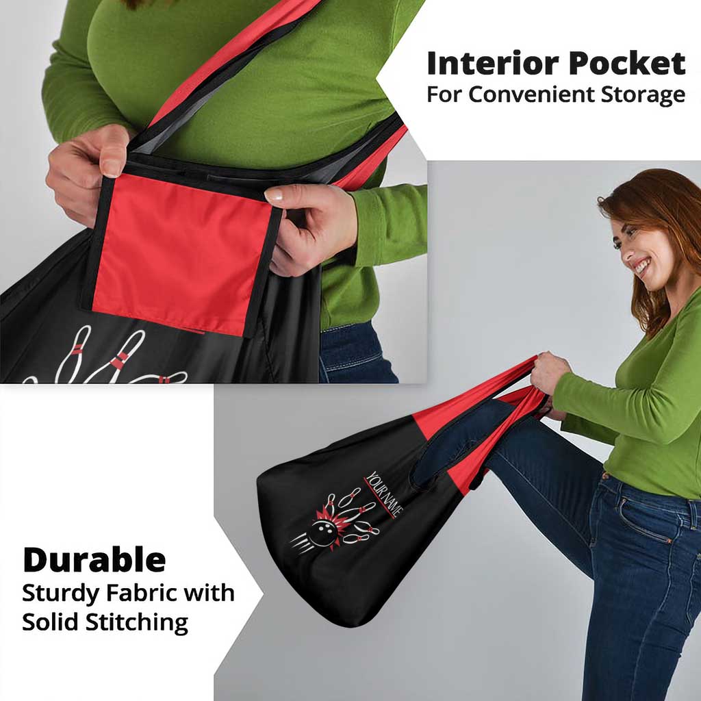 Custom Red and Black Bowling Grocery Bag with Strike Explosion Graphic Custom Name and Bowler Silhouette - Wonder Print Shop