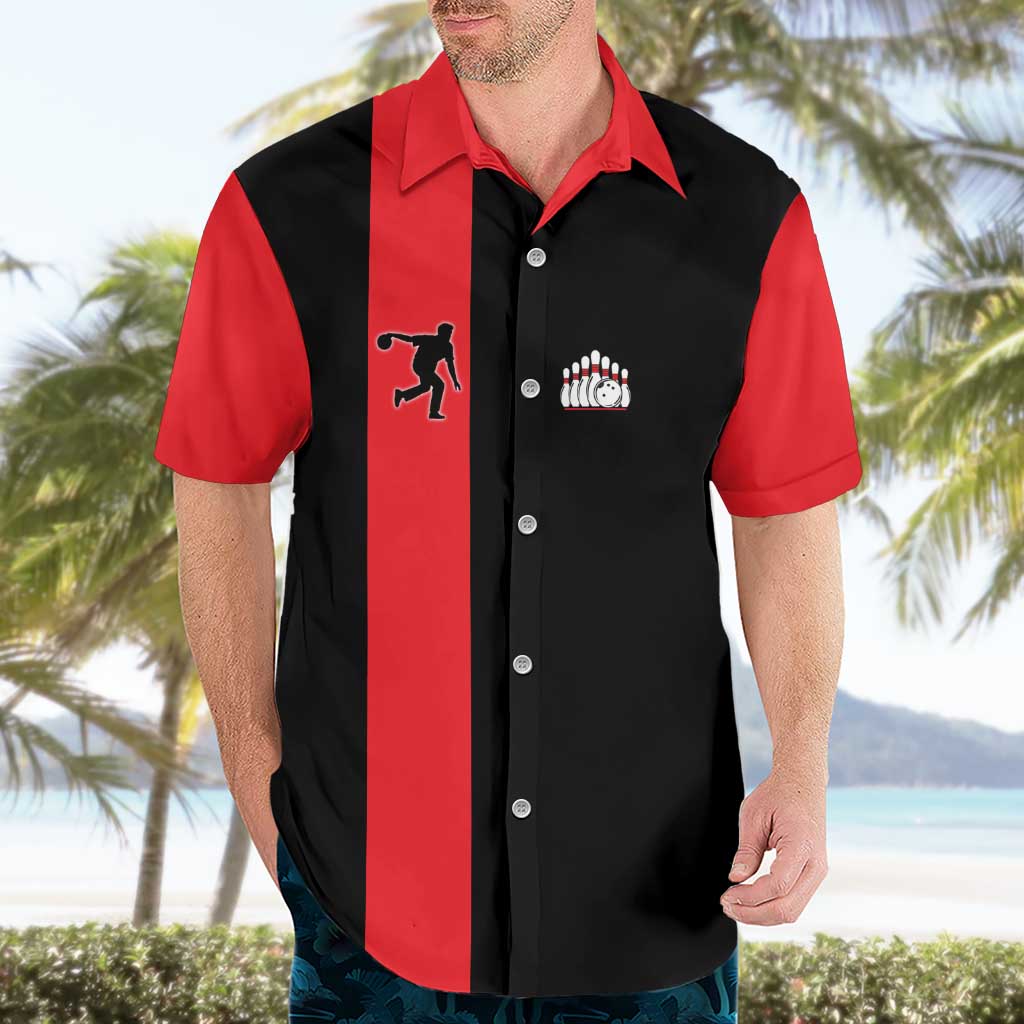 Custom Red and Black Bowling Hawaiian Shirt with Strike Explosion Graphic Custom Name and Bowler Silhouette - Wonder Print Shop