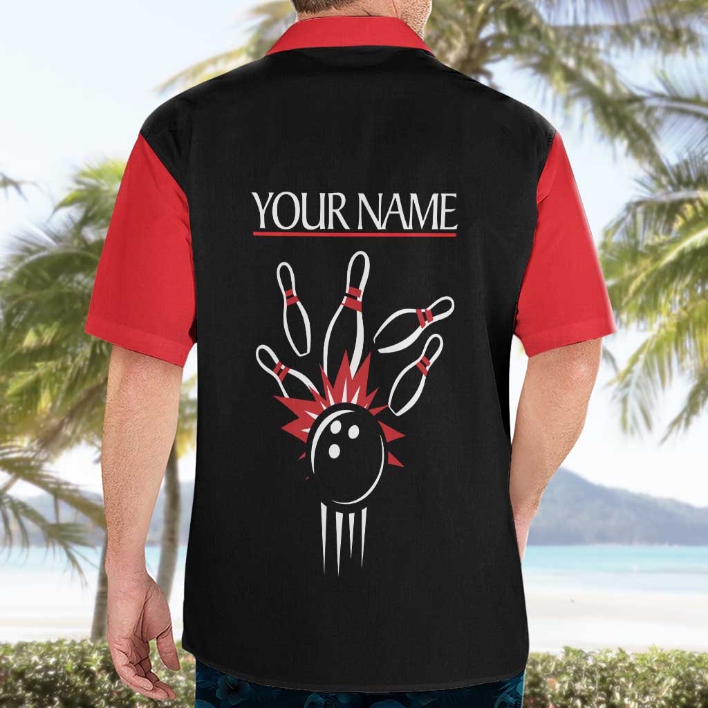 Custom Red and Black Bowling Hawaiian Shirt with Strike Explosion Graphic Custom Name and Bowler Silhouette - Wonder Print Shop