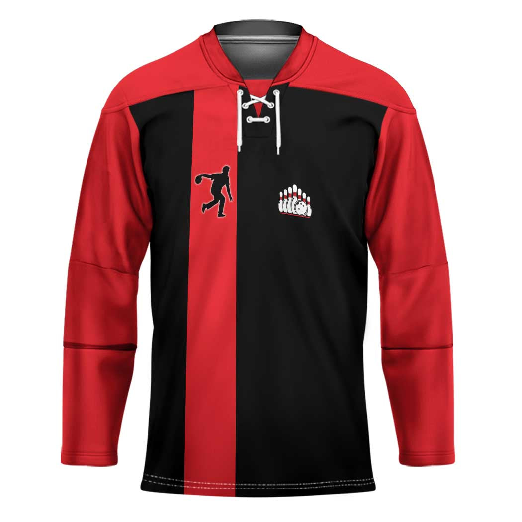 Custom Red and Black Bowling Hockey Jersey with Strike Explosion Graphic Custom Name and Bowler Silhouette - Wonder Print Shop