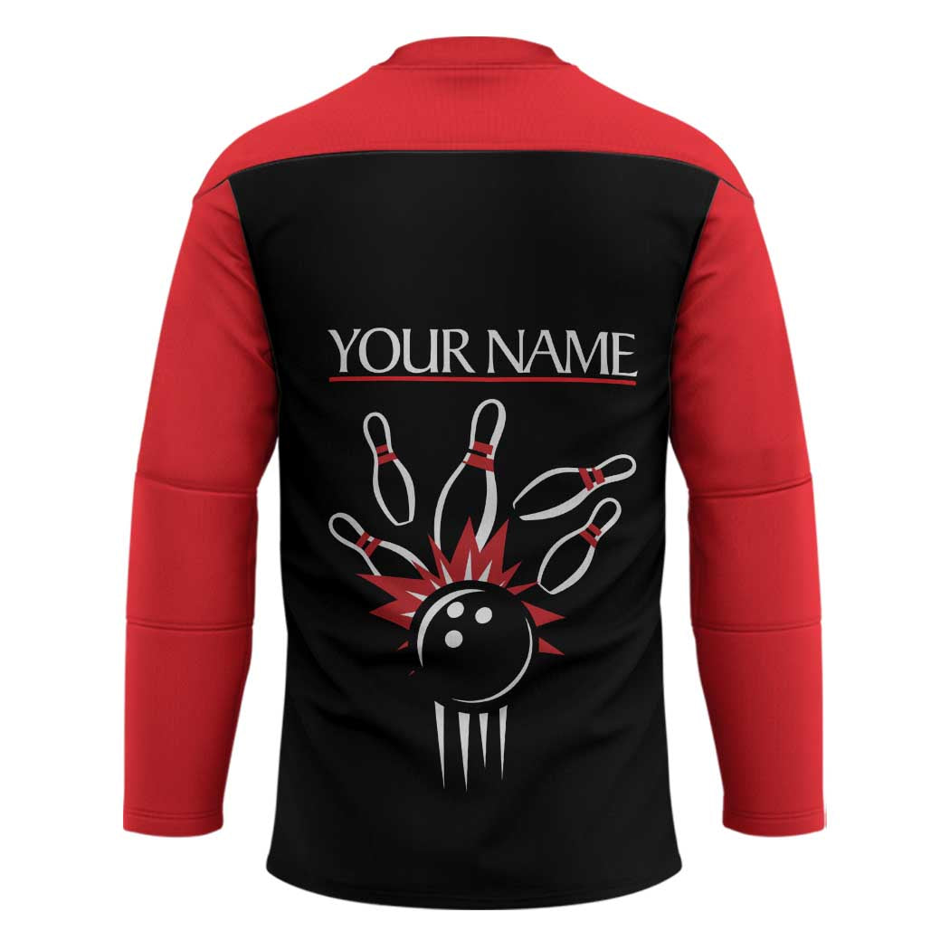 Custom Red and Black Bowling Hockey Jersey with Strike Explosion Graphic Custom Name and Bowler Silhouette - Wonder Print Shop