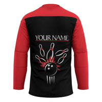 Custom Red and Black Bowling Hockey Jersey with Strike Explosion Graphic Custom Name and Bowler Silhouette - Wonder Print Shop