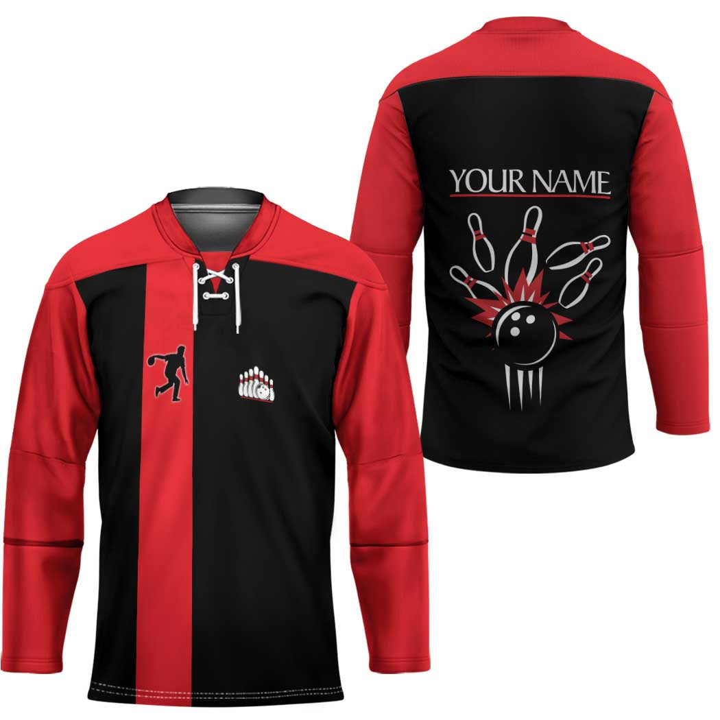 Custom Red and Black Bowling Hockey Jersey with Strike Explosion Graphic Custom Name and Bowler Silhouette - Wonder Print Shop
