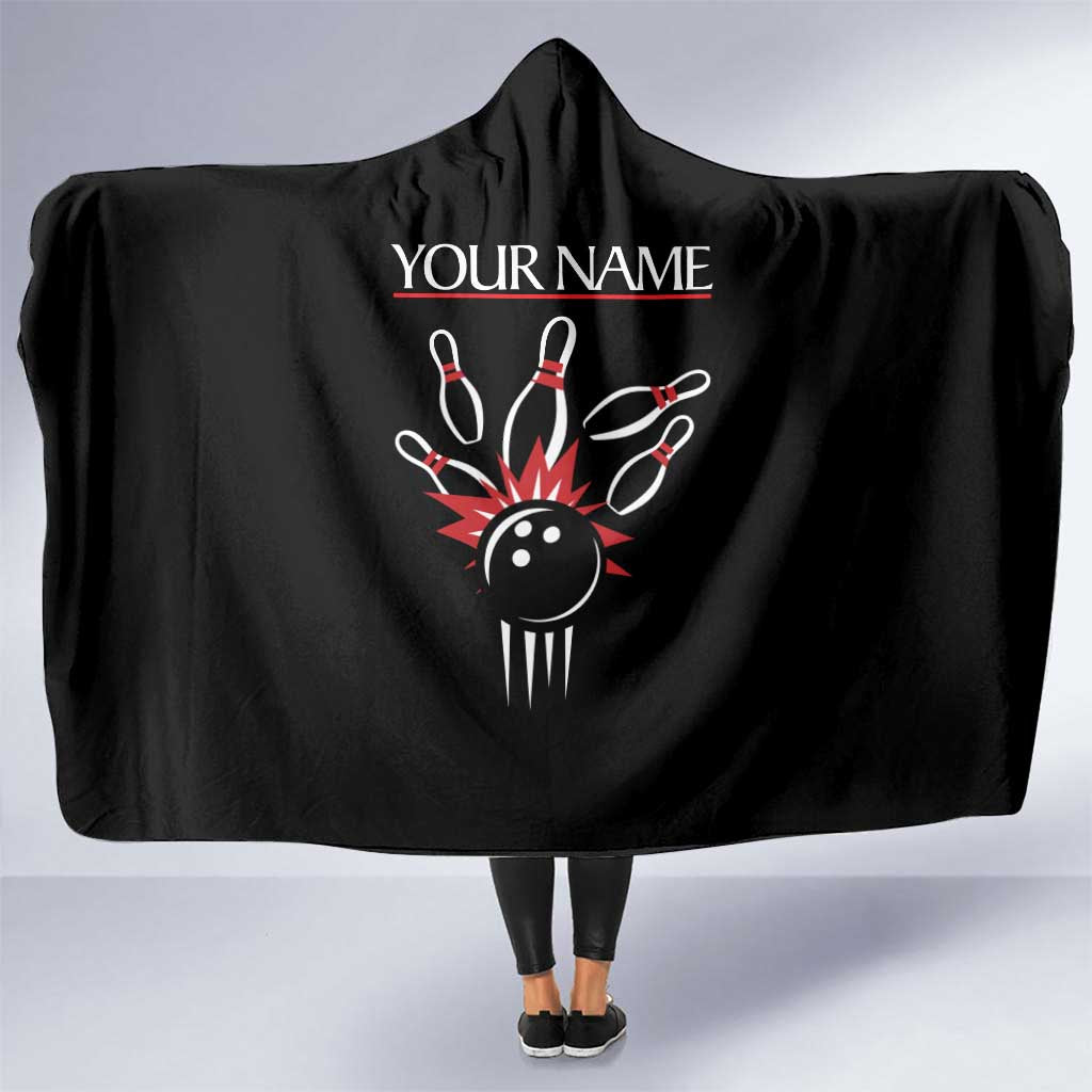 Custom Red and Black Bowling Hooded Blanket with Strike Explosion Graphic Custom Name and Bowler Silhouette - Wonder Print Shop