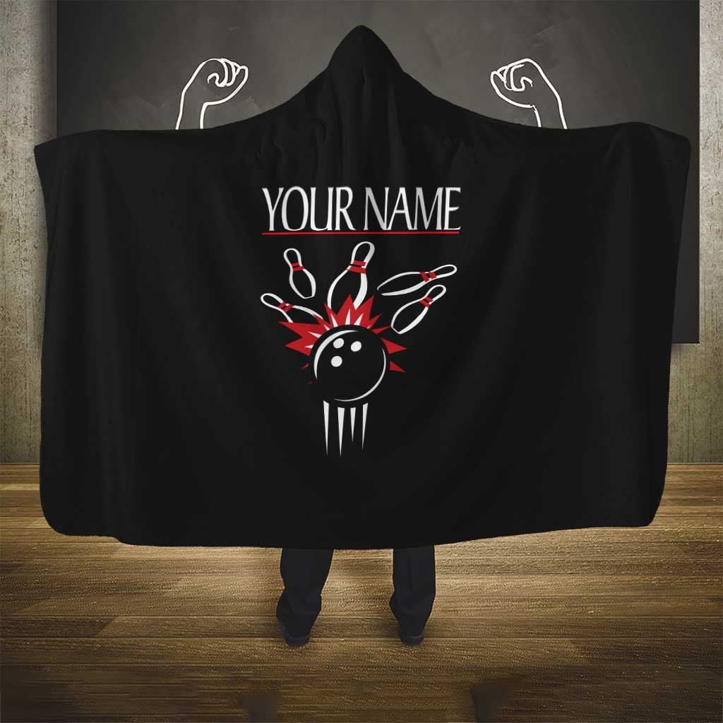 Custom Red and Black Bowling Hooded Blanket with Strike Explosion Graphic Custom Name and Bowler Silhouette - Wonder Print Shop