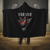 Custom Red and Black Bowling Hooded Blanket with Strike Explosion Graphic Custom Name and Bowler Silhouette - Wonder Print Shop