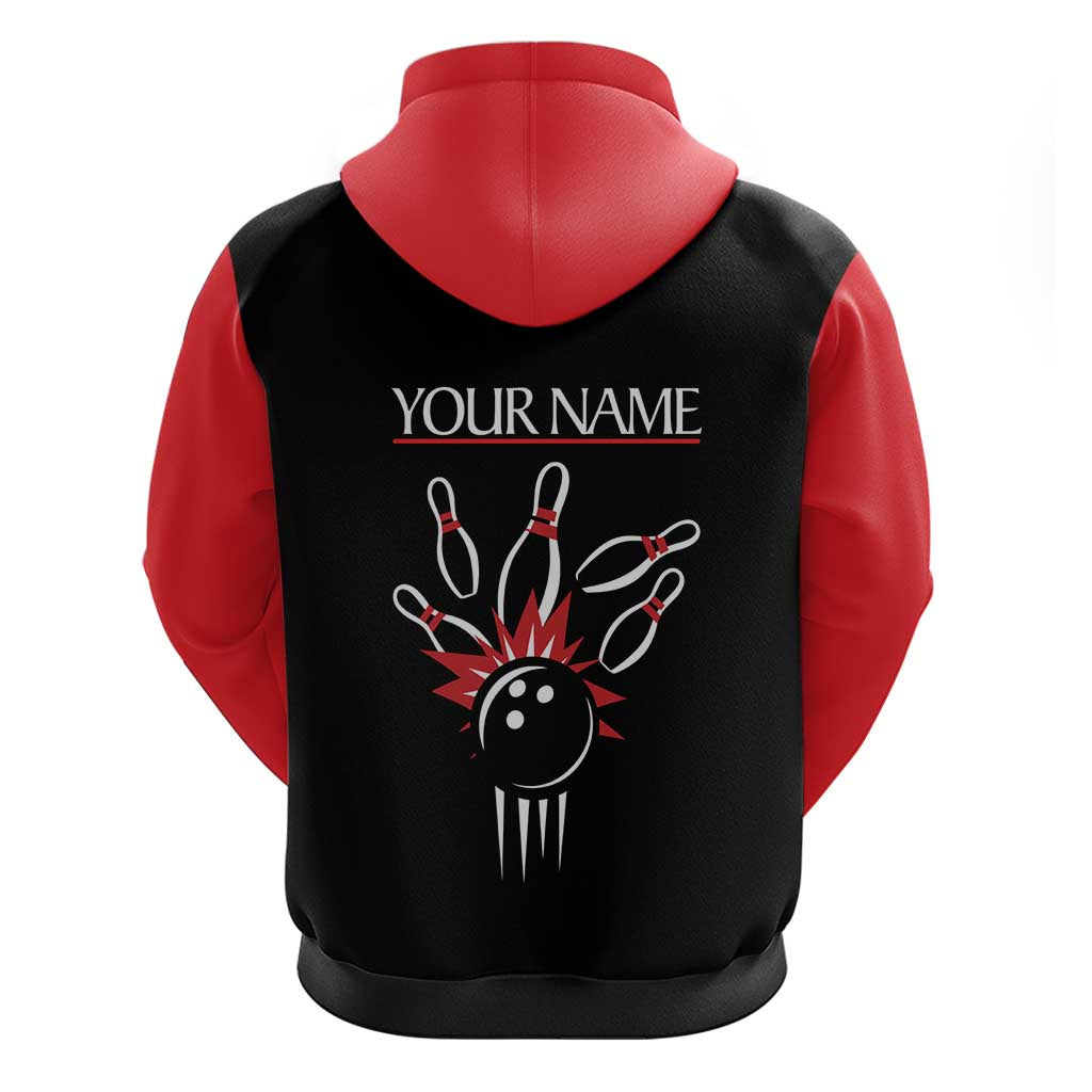 Custom Red and Black Bowling Hoodie with Strike Explosion Graphic Custom Name and Bowler Silhouette - Wonder Print Shop