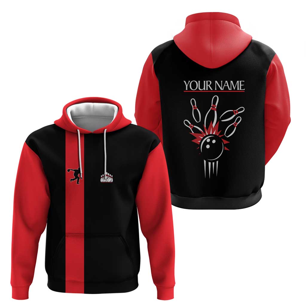 Custom Red and Black Bowling Hoodie with Strike Explosion Graphic Custom Name and Bowler Silhouette - Wonder Print Shop